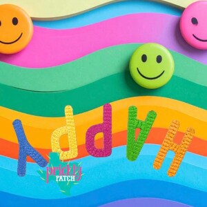 May include: A colorful image featuring the word "HAPPY" in textured letters, with a rainbow background. Smiley face magnets in orange, green, and pink are scattered across the top. The Prickly Patch logo is at the bottom.