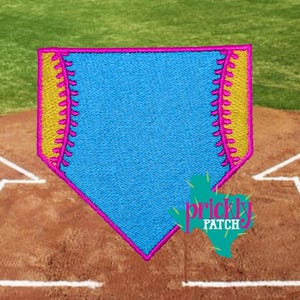 May include: Embroidered baseball home plate patch with a blue center, outlined in hot pink, and yellow stitching. The patch has a stitched texture and a logo of a cactus with the words "prickly patch".