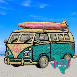 May include: An embroidered patch featuring a teal and cream-colored vintage van with a pink surfboard on the roof. The van has a pink peace sign on the front panel, grey windows, and black outlines. A green logo with the text Prickly Patch is visible.