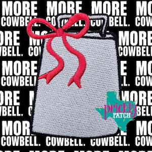 May include: A silver-grey embroidered patch shaped like a cowbell with a black border and a bright red bow tied at the top. The patch is set against a black background featuring the repeating white text MORE COWBELL.