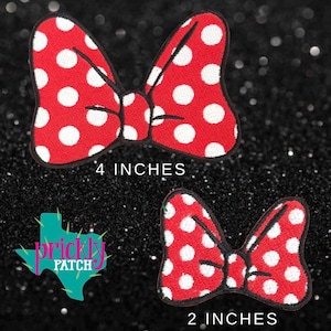 May include: Two red polka dot bow patches with black outlines. The larger bow measures 4 inches, and the smaller bow measures 2 inches. The text "Prickly Patch" is in the lower left corner.