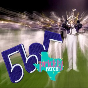 May include: A purple embroidered musical note patch with a white border. The patch is layered over a blurred background of a marching band member playing a trumpet, with a teal Texas-shaped logo featuring the text Prickly Patch.