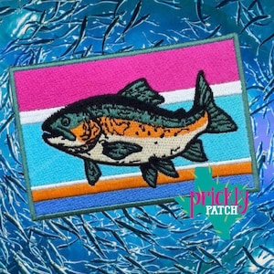 May include: Embroidered patch featuring a detailed illustration of a fish. The patch has a rectangular shape with a pink, white, blue, and orange striped background. The fish is in shades of black, green, orange, and white. The text "prickly patch" is in the lower right corner.
