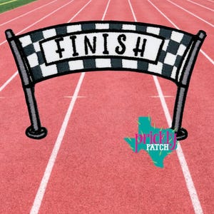 May include: A black and white checkered finish line banner with the word "FINISH" in white letters. The banner is set against a red track background, with white lane lines. The image includes a logo of a Texas-shaped cactus.