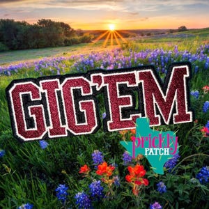 May include: A patch with the text "GIG'EM" in maroon and white, outlined in black, set against a vibrant field of wildflowers. The background features a sunset over a rolling landscape, with the "prickly patch" logo.
