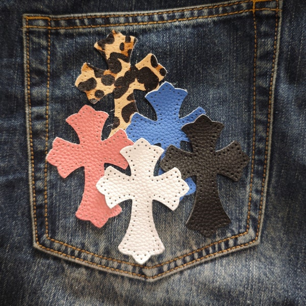Supper set handmade custom leather cross patches for jeans with hold size 2.4"x3.5“ chrome pin hearts pin  gothic  cross