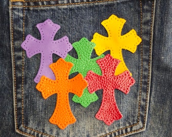 Supper set handmade custom leather cross patches for jeans with hold size 2.4"x3.5“ chrome pin hearts pin  gothic  cross