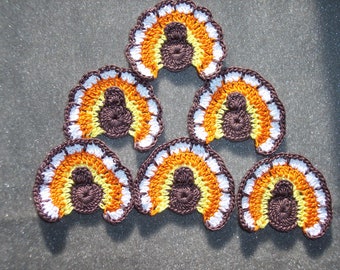 6 handmade crochet applique Thanksgiving turkeys -- 3494