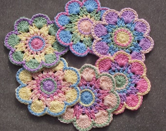 6 handmade cotton thread crochet applique flowers -- 3548