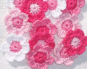 12 handmade pink and white crochet applique flowers -- 3390