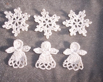 3 snowflakes/3 angels  NATURAL cotton thread crochet-  3498
