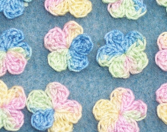 40 variegated pastel cotton thread crochet applique flowers -- 3353