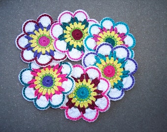 6 handmade cotton thread crochet applique flowers -- 3244