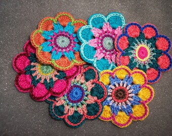 6 handmade cotton thread crochet applique flowers -- 3517