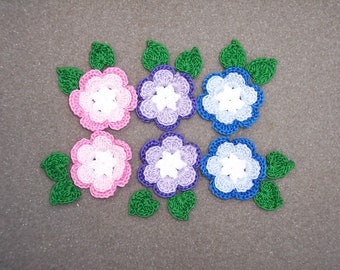 6 cotton thread crochet applique roses with leaves -- 1022