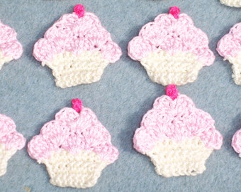 12 cotton thread crochet applique cupcakes with pink frosting  --  3329