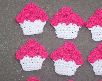 12 pink crochet applique cupcakes with white frosting  --  2881
