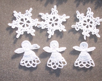 3 snowflakes/3 angels  ANTIQUE WHITE cotton thread crochet-  3427