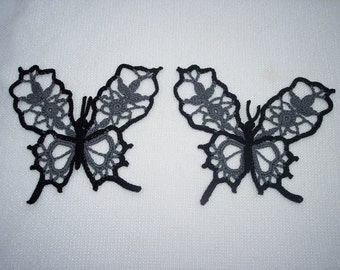 2 gray and black  thread crochet applique butterflies  -- 3240