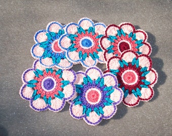 6 handmade cotton thread crochet applique flowers -- 3247