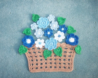 handmade crochet basket with blue flowers and  leaves --  3228