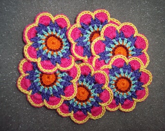 6 handmade cotton thread crochet applique flowers -- 3507