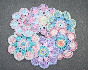 6 handmade cotton thread crochet applique flowers -- 2994