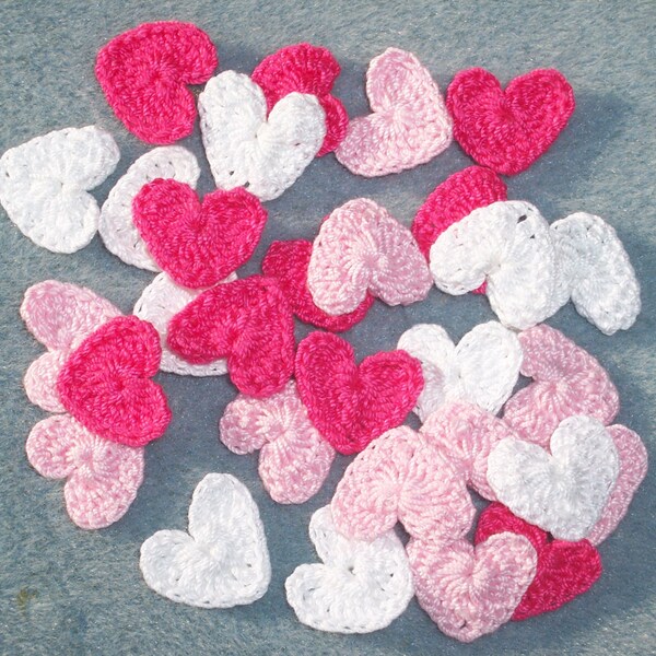 30 handmade pink and white cotton thread crochet applique hearts -- 1924