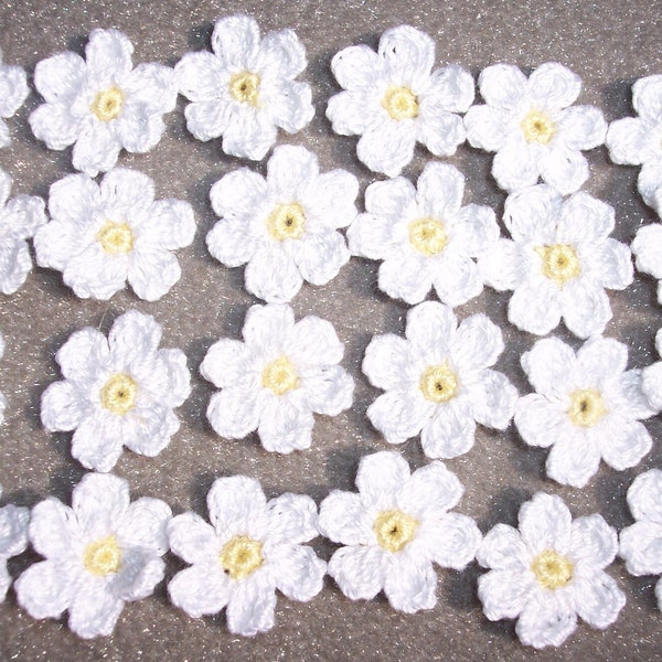 24 yellow and white cotton thread crochet applique flowers -- 3487