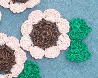 6 crochet applique sunflowers with leaves  --  3368