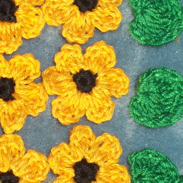 12 handmade goldenrod crochet applique flowers with leaves -- 361
