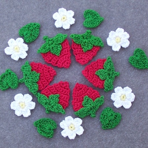 May include: A set of crocheted strawberry and flower appliques. The appliques are red, green, and white. They are perfect for adding a touch of whimsy to any project.