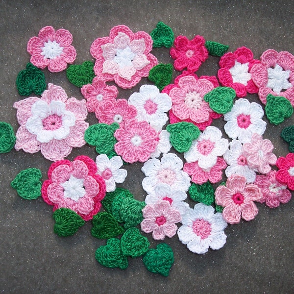 24 crochet applique flowers with leaves  -- 3475