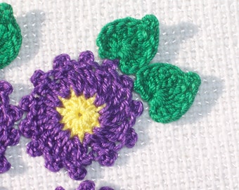 purple crochet applique flowers with leaves  --  1029