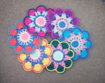 6 handmade cotton thread crochet applique flowers -- 3289