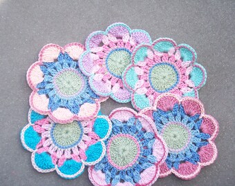 6 handmade cotton thread crochet applique flowers -- 2771