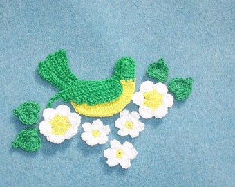 green thread crochet applique bird with flowers and leaves  --  3184