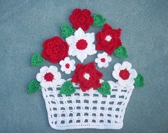 handmade crochet basket with red  flowers and  leaves --  3229