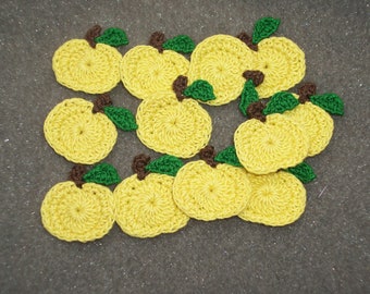 12 yellow thread crochet applique apples -- 3477