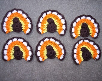 6 handmade crochet applique Thanksgiving turkeys -- 3496