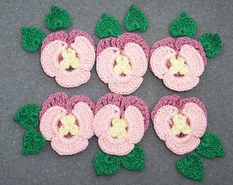 6 peach and almond pink crochet applique pansies with leaves  --  3220