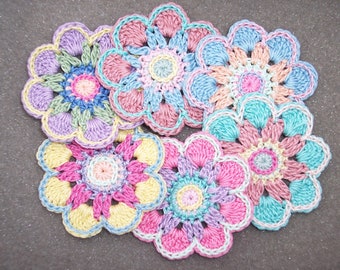 6 handmade cotton thread crochet applique flowers -- 2993