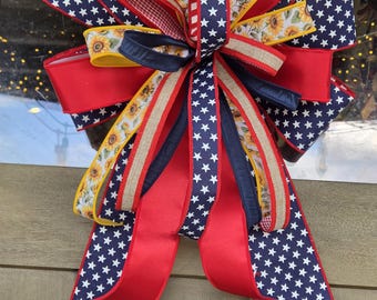 Patriotic sunflower bow, americana bow for wreath or home decor