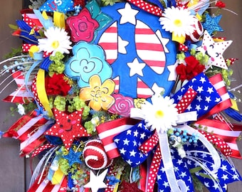 American Peace sign Wreath, Blingy USA Front Door Decor, Hippie Patriotic Wreath