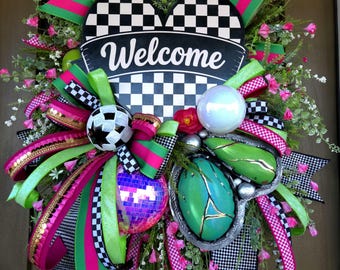 Checker heart Uv safe sign Turquoise Wreath, Western Glam Decor, Statement Door Swag