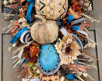 Southwestern Fall Pumpkin Door Hanger | Turquoise Pumpkin Wreath | Boho Autumn Door Decor | Rustic Western Front Door Decoration | Luxe fall