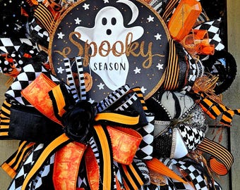 Glam Halloween Wreath: Orange, Black Pumpkins - Spooky Season