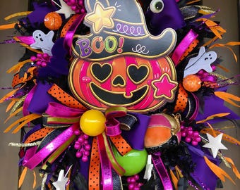 Colorful Halloween Deco Mesh Wreath | BOO Pumpkin Witch Hat Door Hanger | Pink Purple Orange Halloween Decor | Whimsical Front Door Wreath