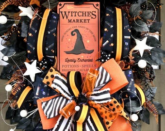 Glam Halloween Witch Wreath: Orange, Black & Star Decor