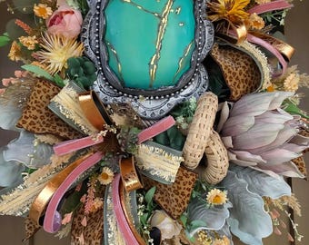 Turquoise Stone Floral Wreath | Southwestern Front Door Wreath | Boho Luxury Wreath | Leopard Ribbon Decor | Farmhouse Door Hanger |